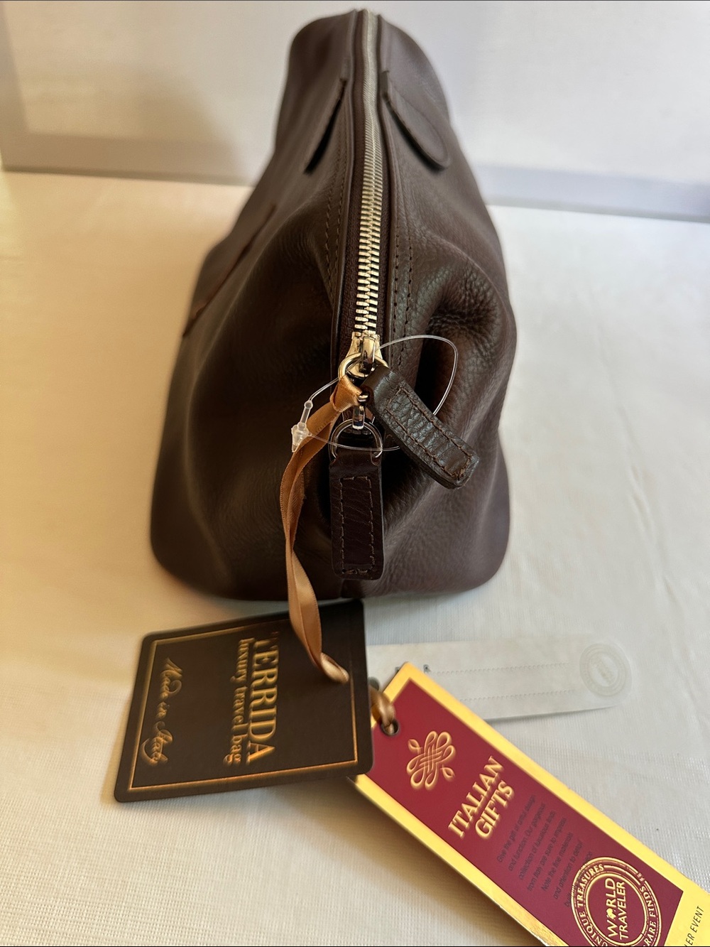 Terrida Genuine Calf Leather Toiletry Travel Bag Made in Italy Brown Zip Top NWT - Picture 3 of 14